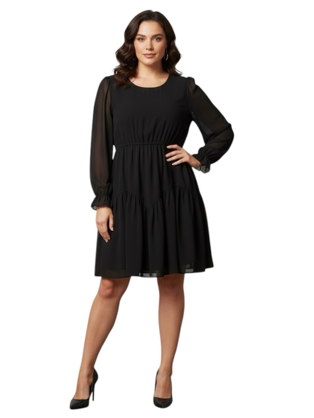 Nemidor Sz 14 Black Sheer Long-Sleeve Tiered Dress | NWT